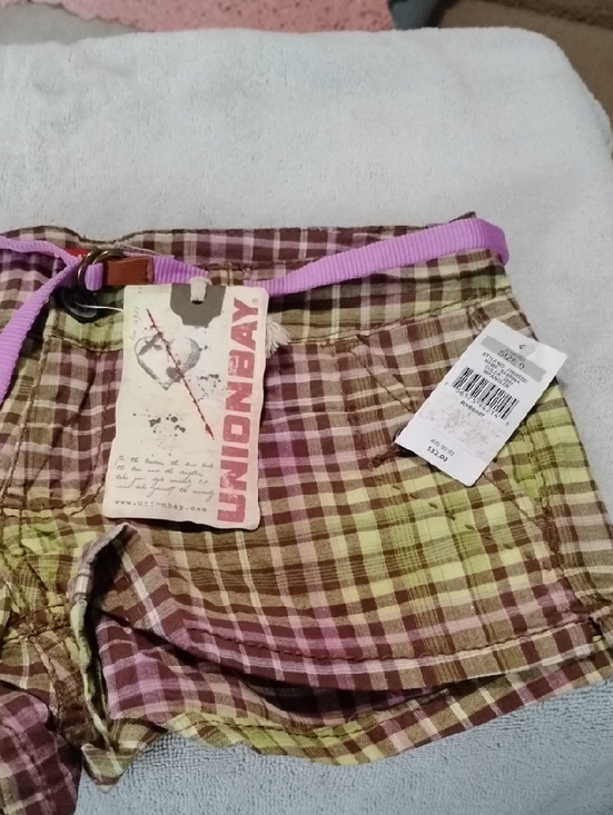 UNIONBAY Pants - UNIONBAY Yellow-Green and Brown Plaid Shorts with Pink Belt